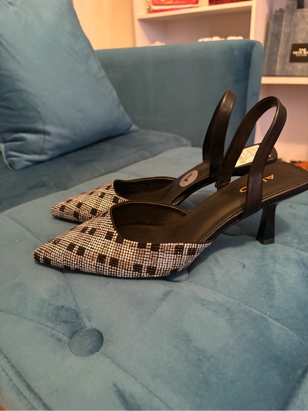 Aldo Black and Silver Crystal-Embellished Slingback Heels